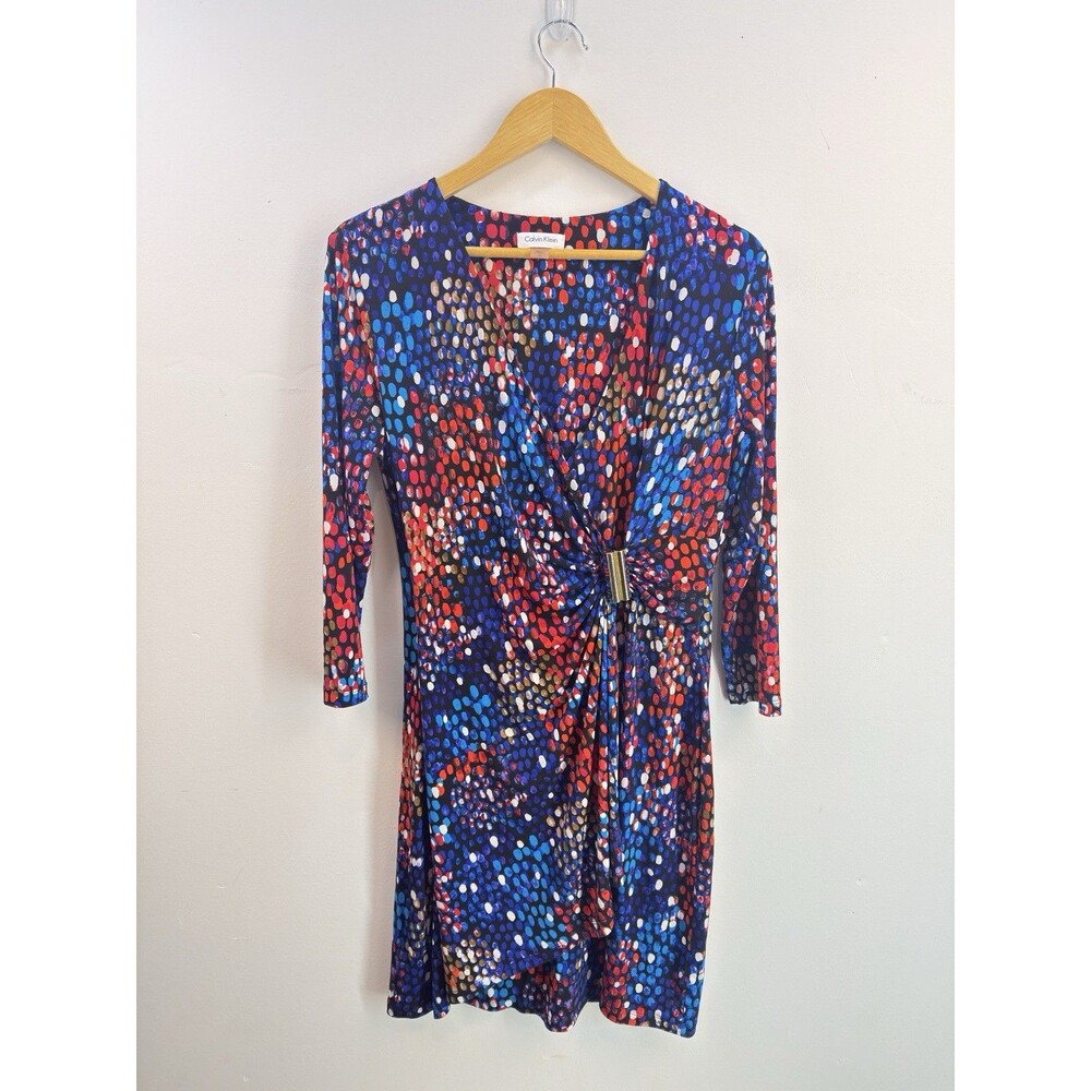 Calvin Klein Blue Colorful Dot Print Ruched Faux Wrap Jersey Dress Sz 12 V Neck - Picture 2 of 11